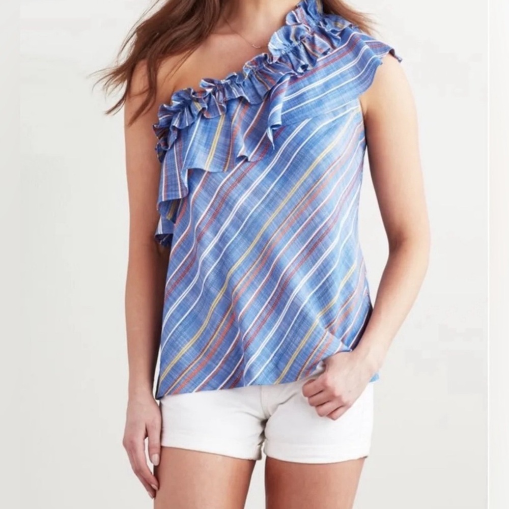NWT FINLEY Blouse Asymmetrical Ruffled Sleeveless One Shoulder Blue Large